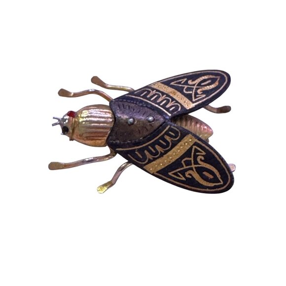 Vtg 70s Insect Brooch/Pin Gold Tone Black Enamel Wings Geometric Pattern Wings - Picture 4 of 7
